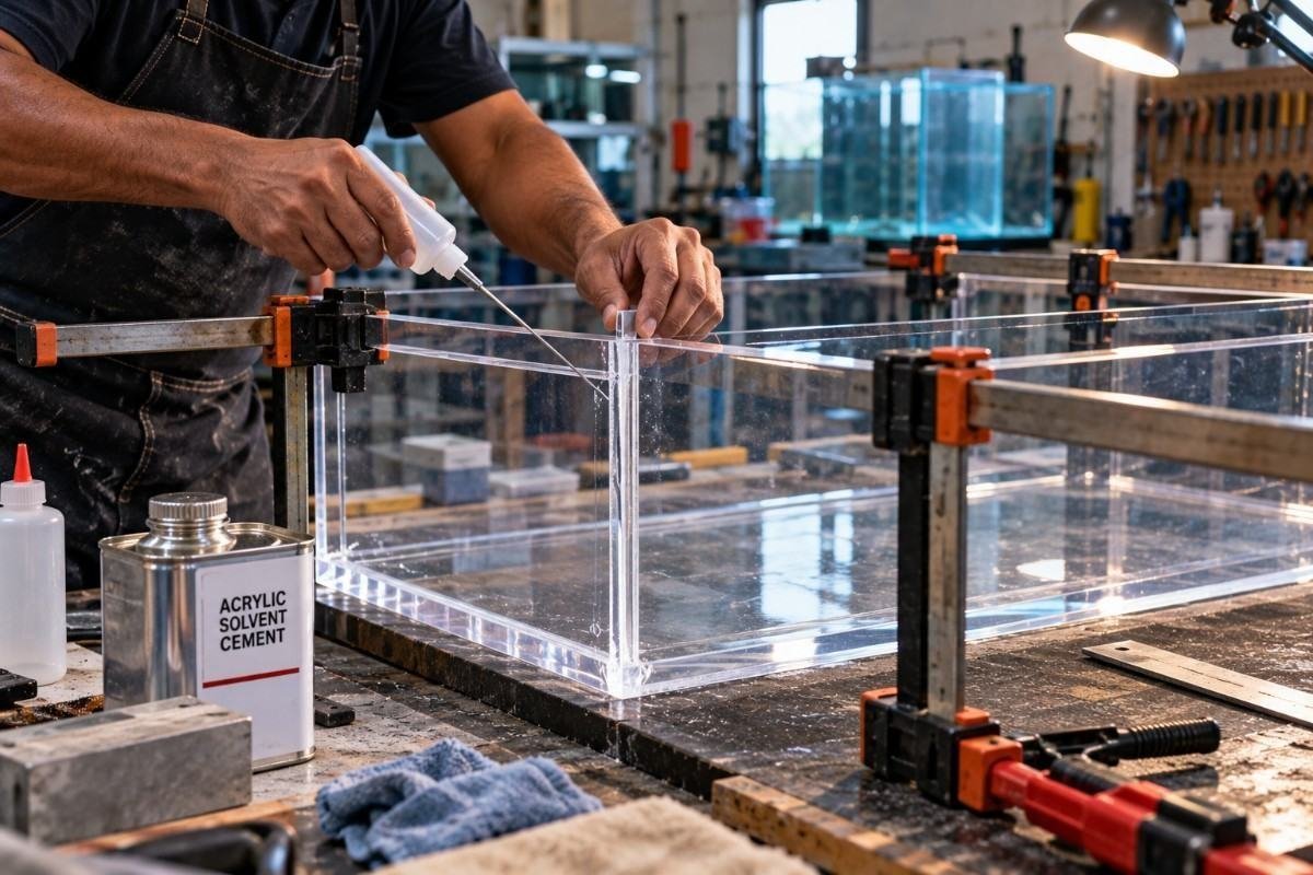 Acrylic aquarium panel being fabricated and bonded in a workshop