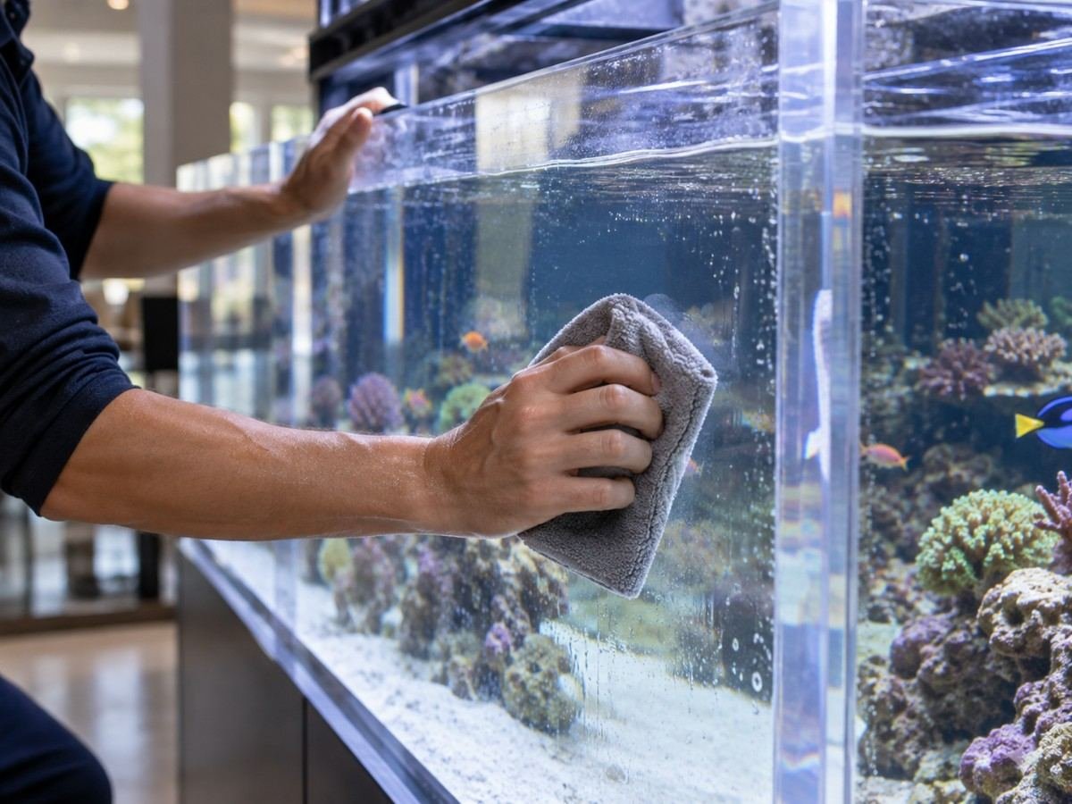 Acrylic aquarium panel cleaned with a non abrasive pad suitable for acrylic