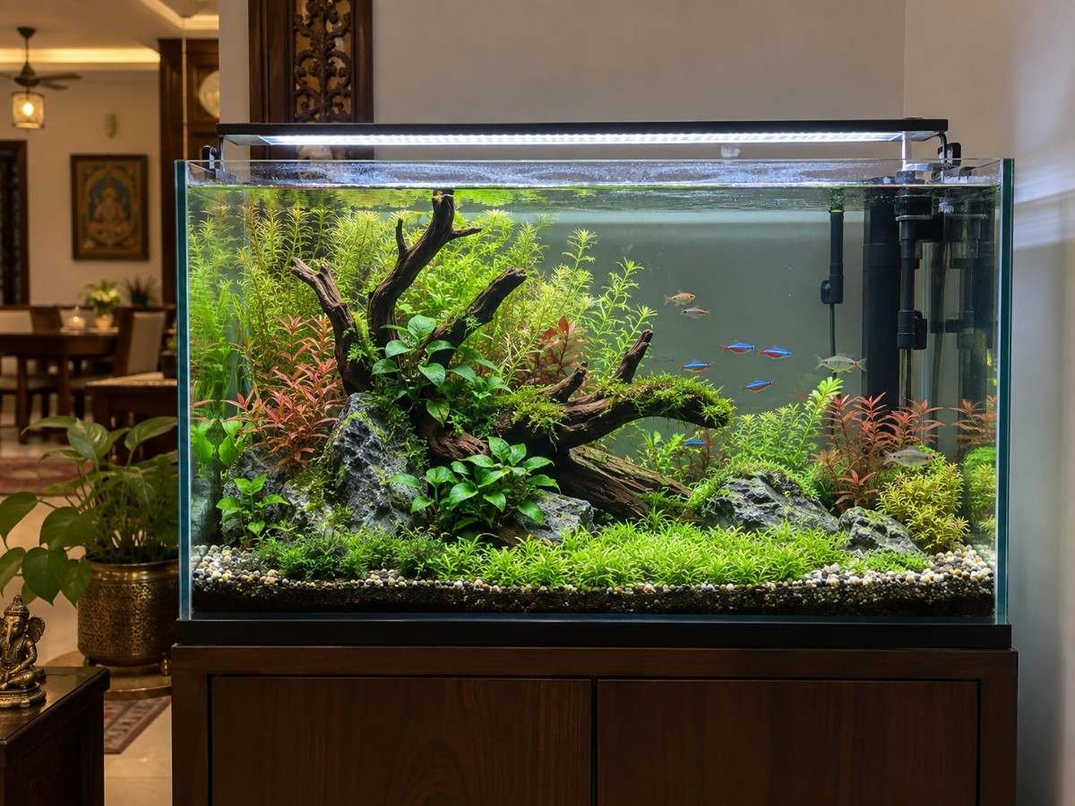 Well maintained freshwater aquarium with clear panels and healthy planting
