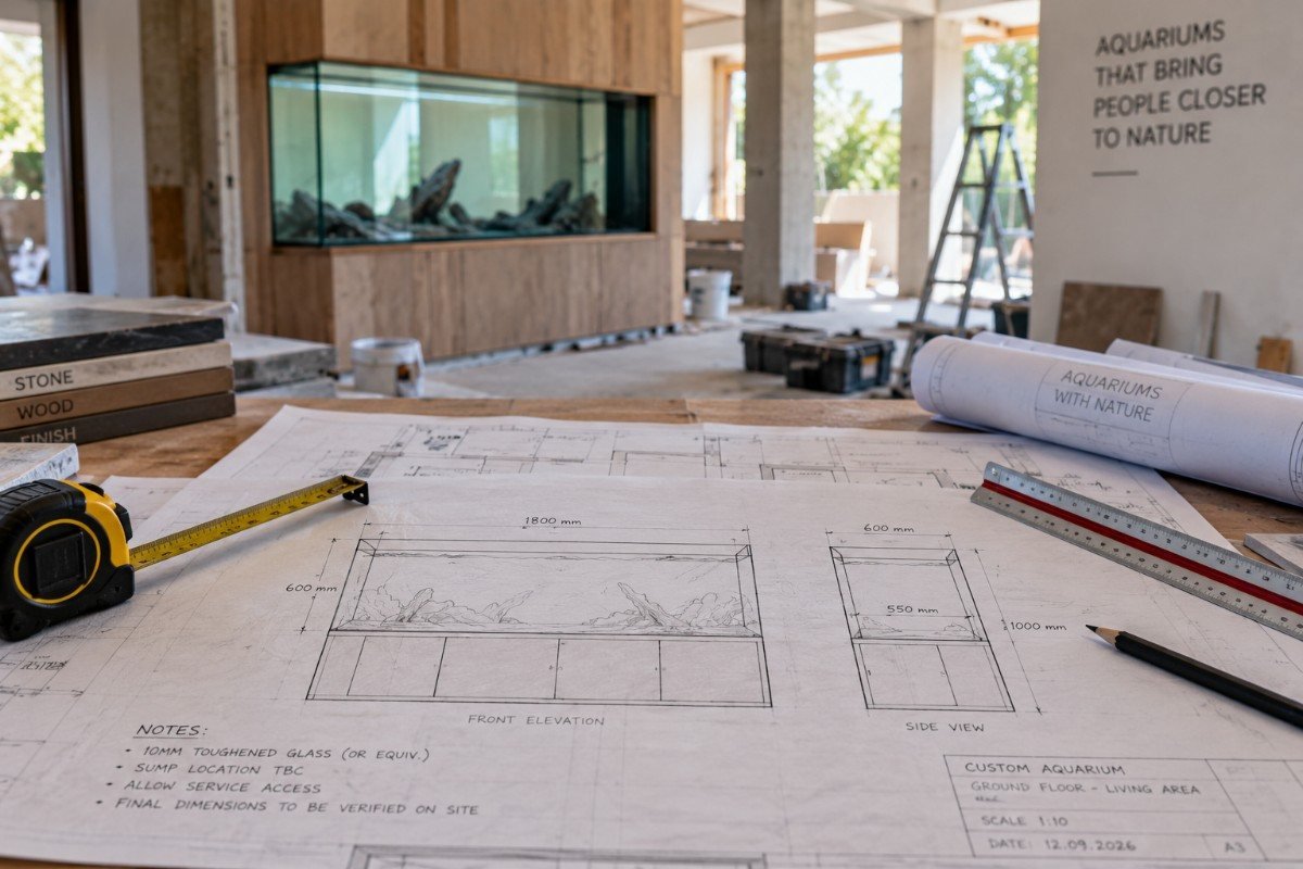 Aquarium dimensions marked on an architect's drawing during on site coordination