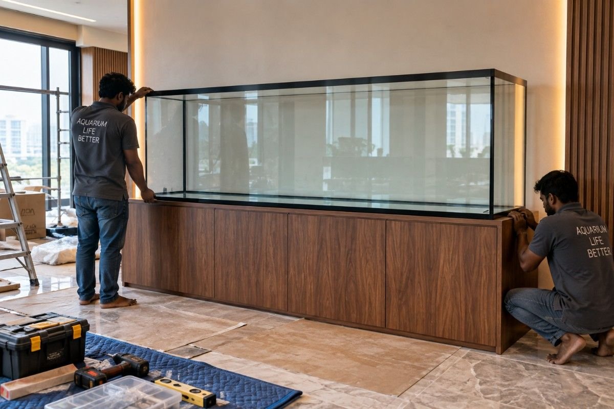 Full width cabinet base distributing an aquarium's load across the floor rather than on legs