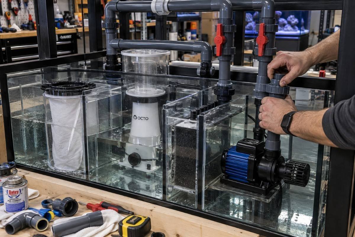 Aquarium filtration system being assembled during a custom aquarium build