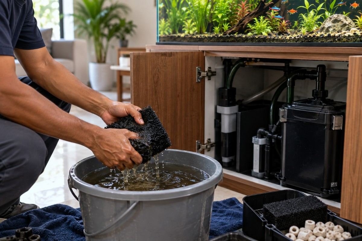 Biological filter media rinsed in tank water to protect the bacterial colony
