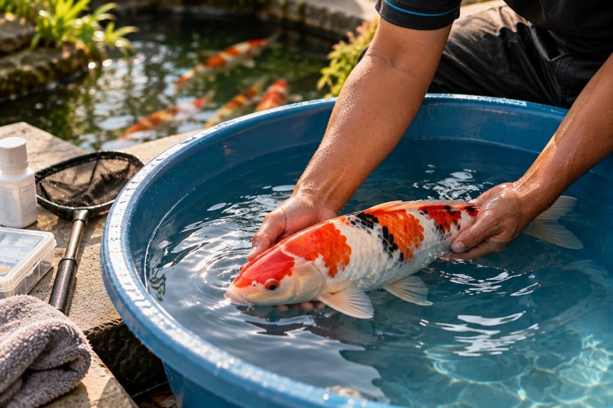 Koi examined for signs of parasites during a pond health check