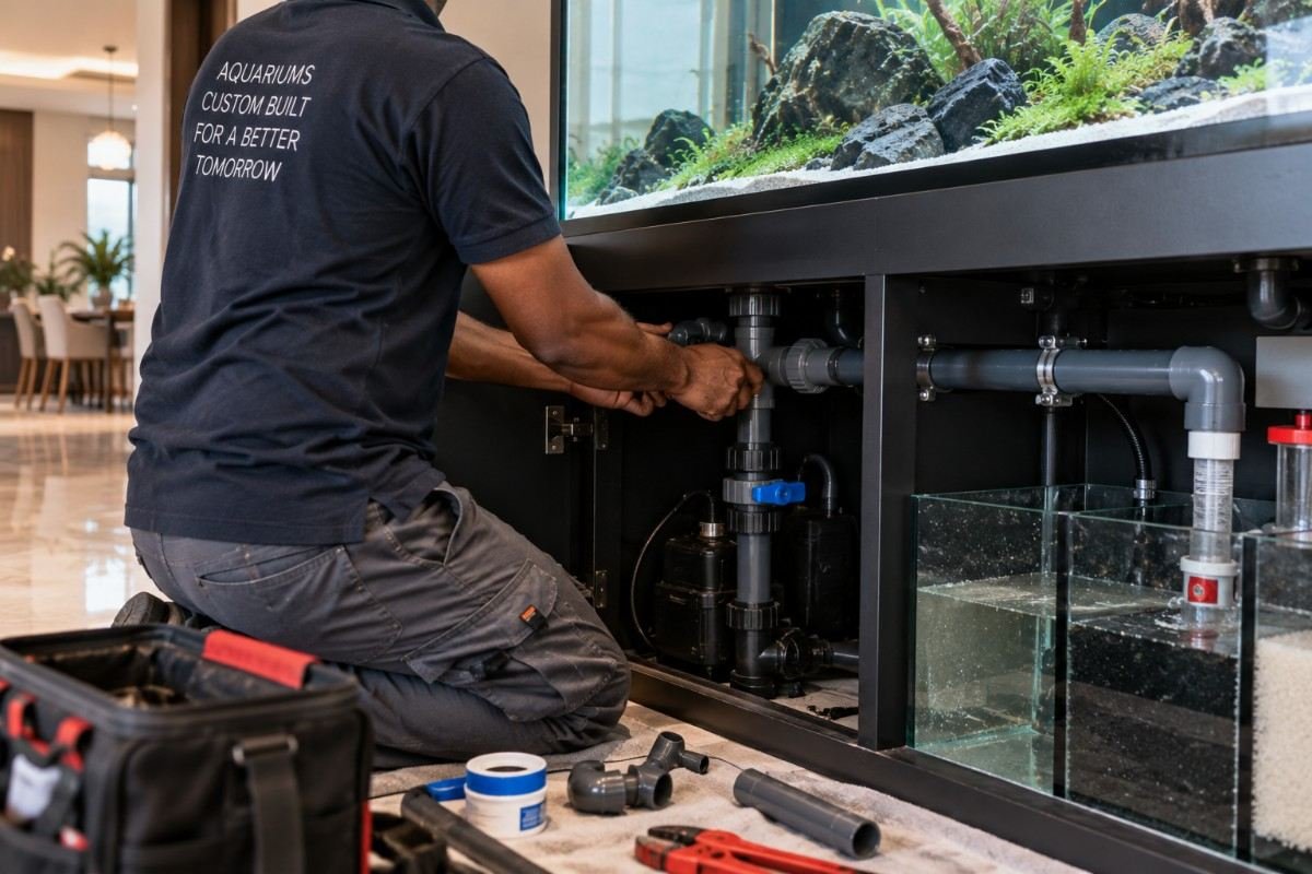 Technician connecting the plumbing on a newly positioned custom aquarium