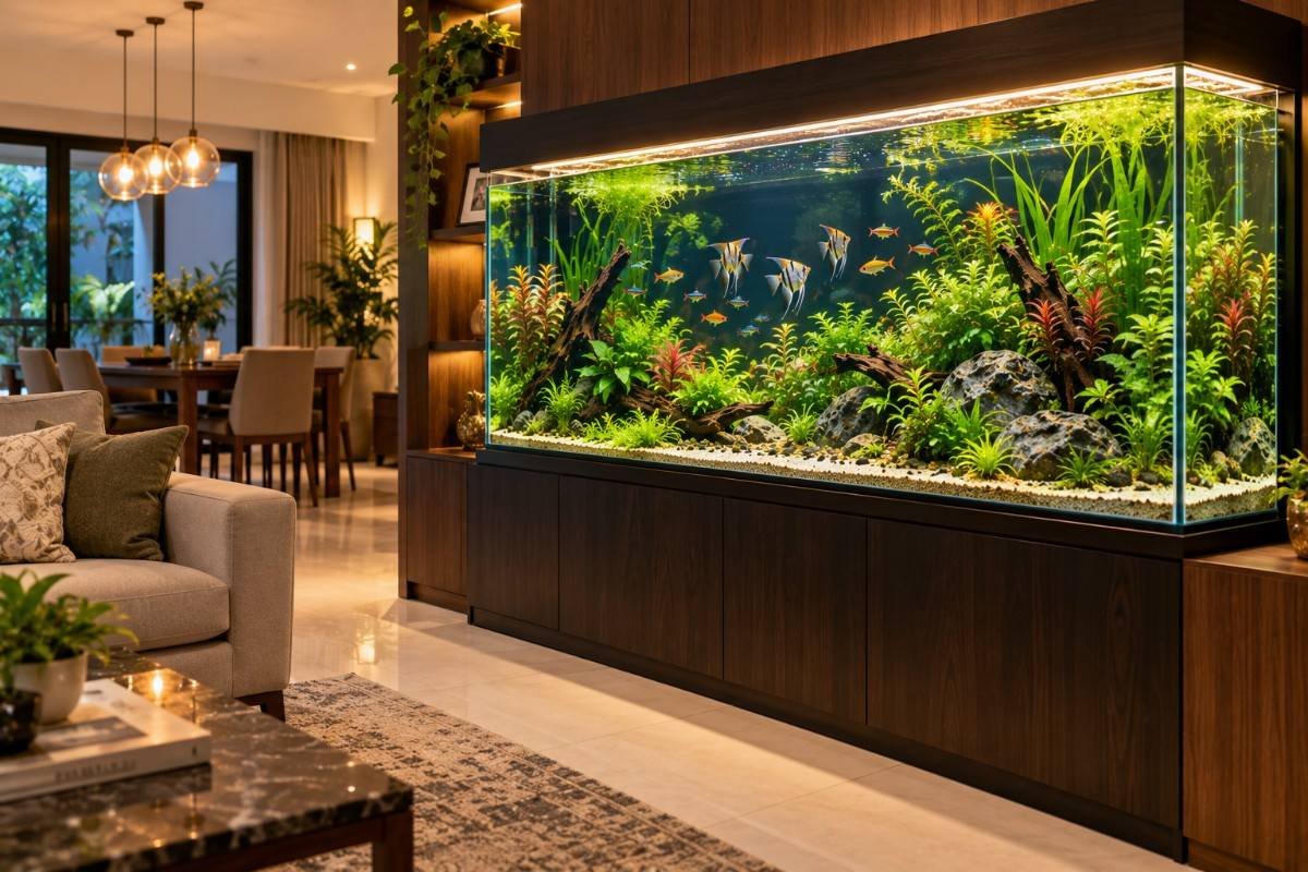 Large maintained aquarium in a residential setting, panels clear and algae free