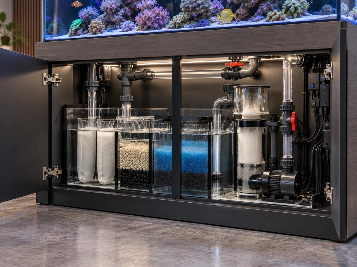 Sump filtration system and return pump housed in the cabinet beneath a custom aquarium
