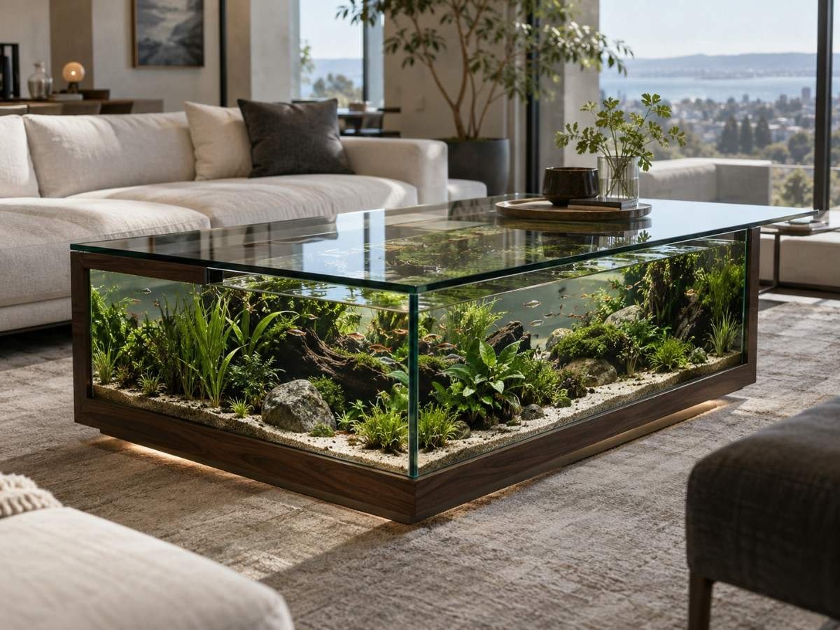 Custom built coffee table aquarium with a glass top and planted interior