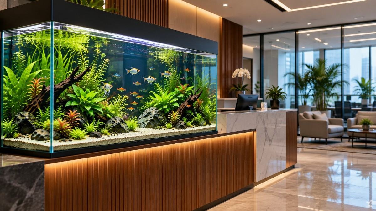 Maintained lobby aquarium in a commercial reception area