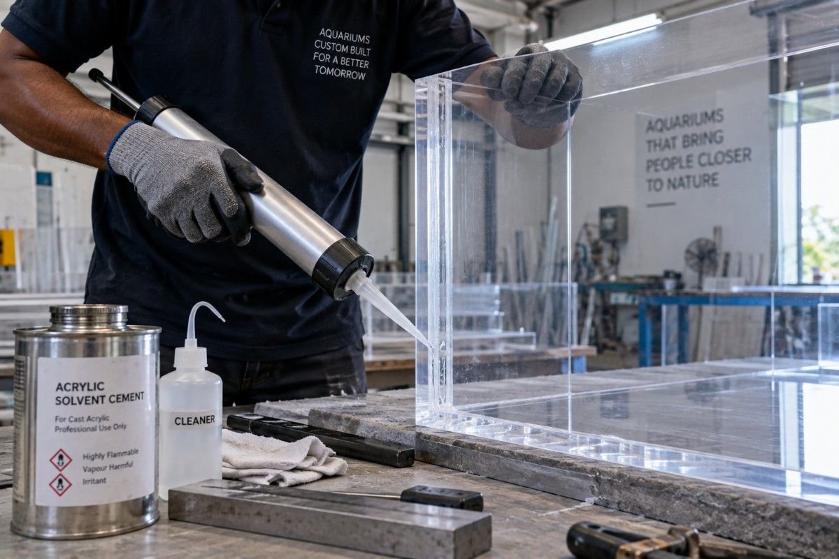 Acrylic aquarium panel being bonded during fabrication in the workshop
