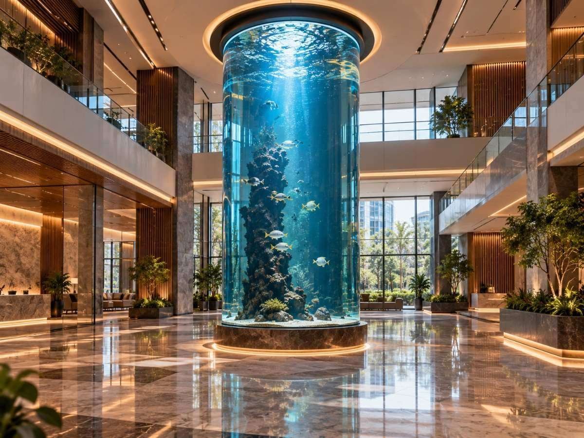 Custom-shaped cylindrical aquarium fabricated to specific dimensions