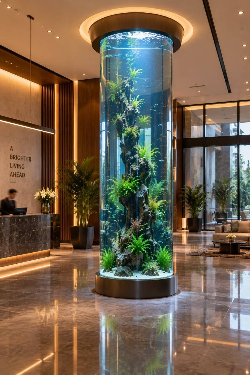 Seamless cylindrical acrylic aquarium built as a full height pillar in an entrance space