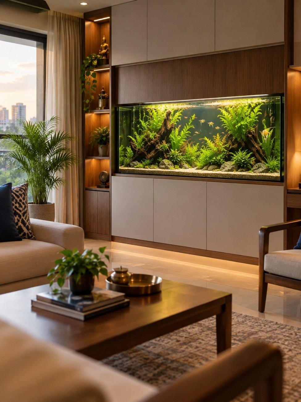 Home aquarium integrated into living room joinery, viewed from the seating area