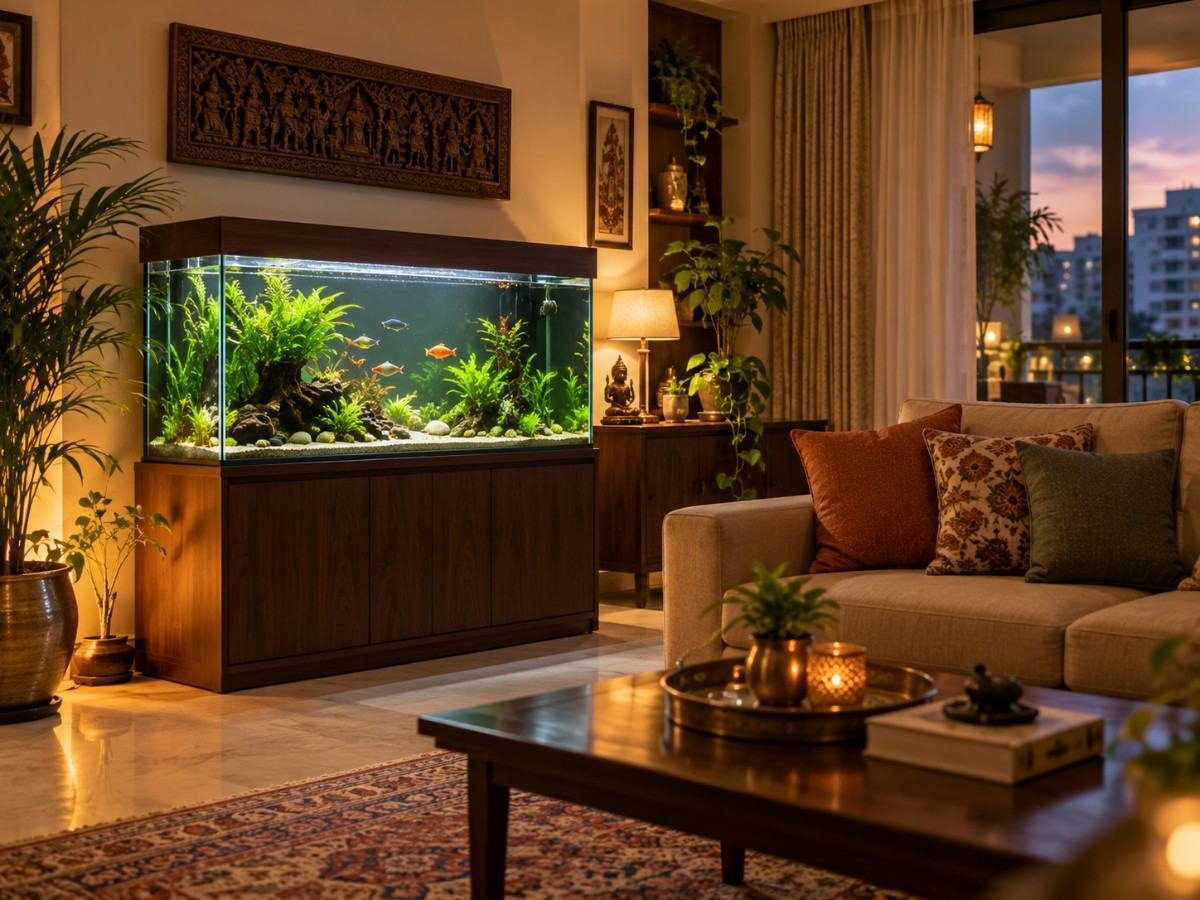 Maintained home aquarium in a living room, clear water and healthy fish