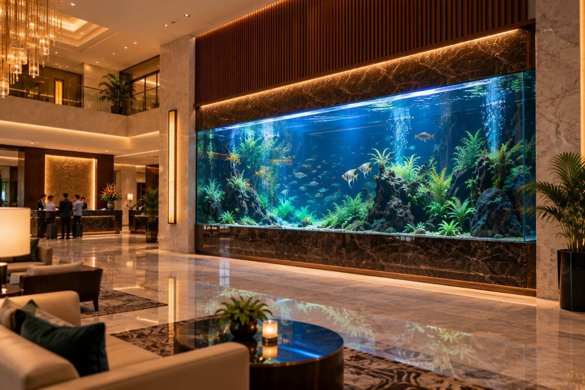 Large acrylic aquarium forming a feature wall in a hotel lobby