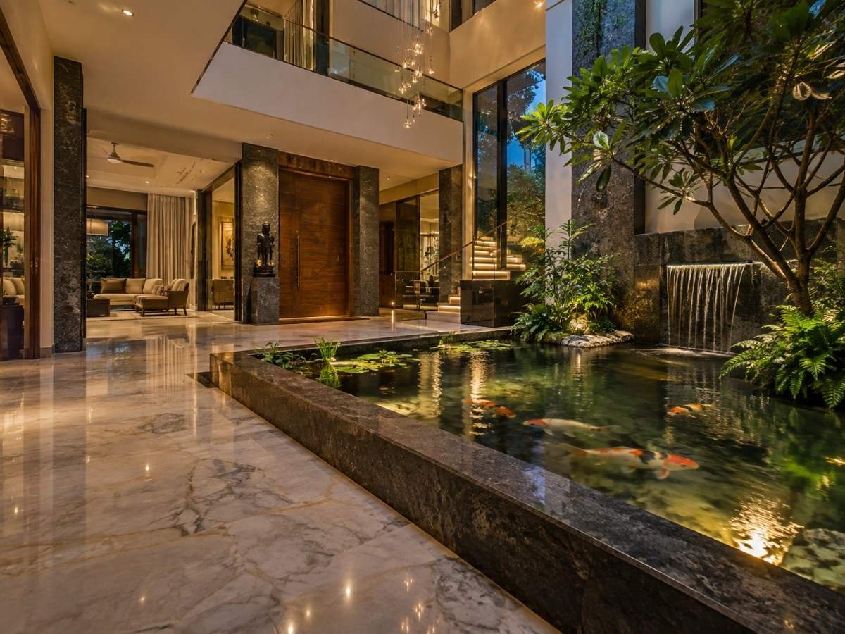 Indoor koi pond built into the entrance of a home, lit from above