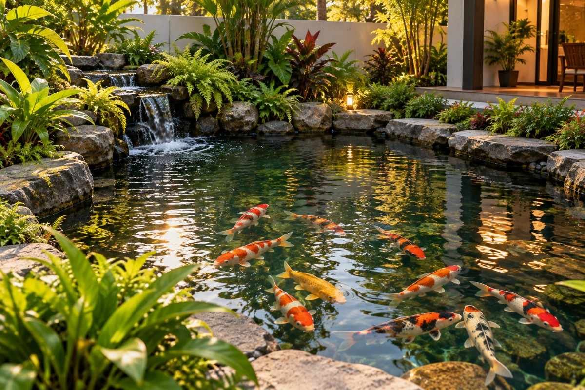 Maintained koi pond with planted margins and clear water