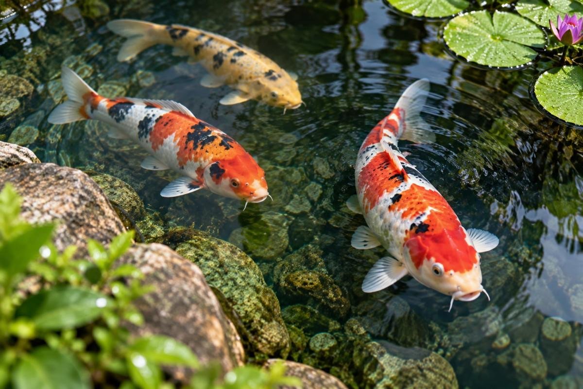 Koi swimming near the surface of a clear outdoor pond