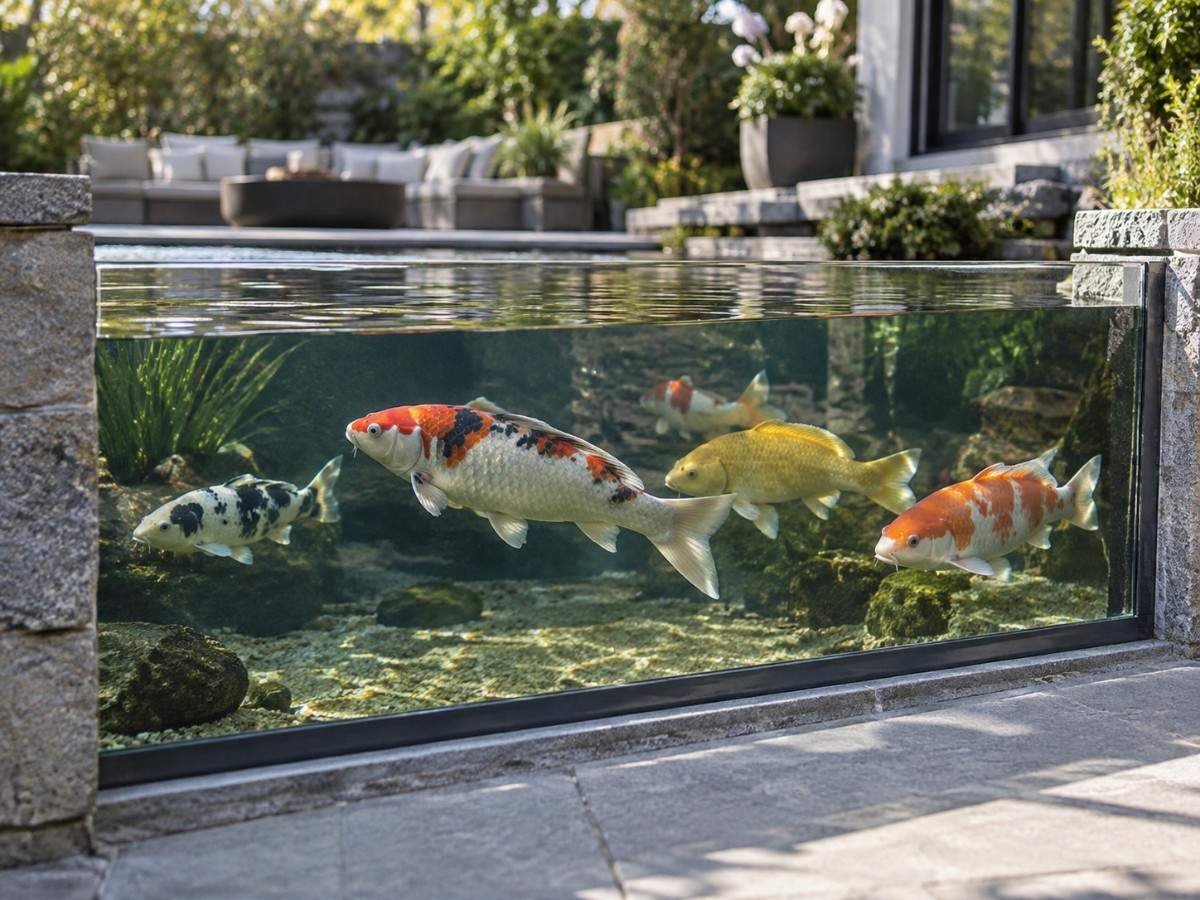 Koi seen from the side through an acrylic viewing window set into a pond wall