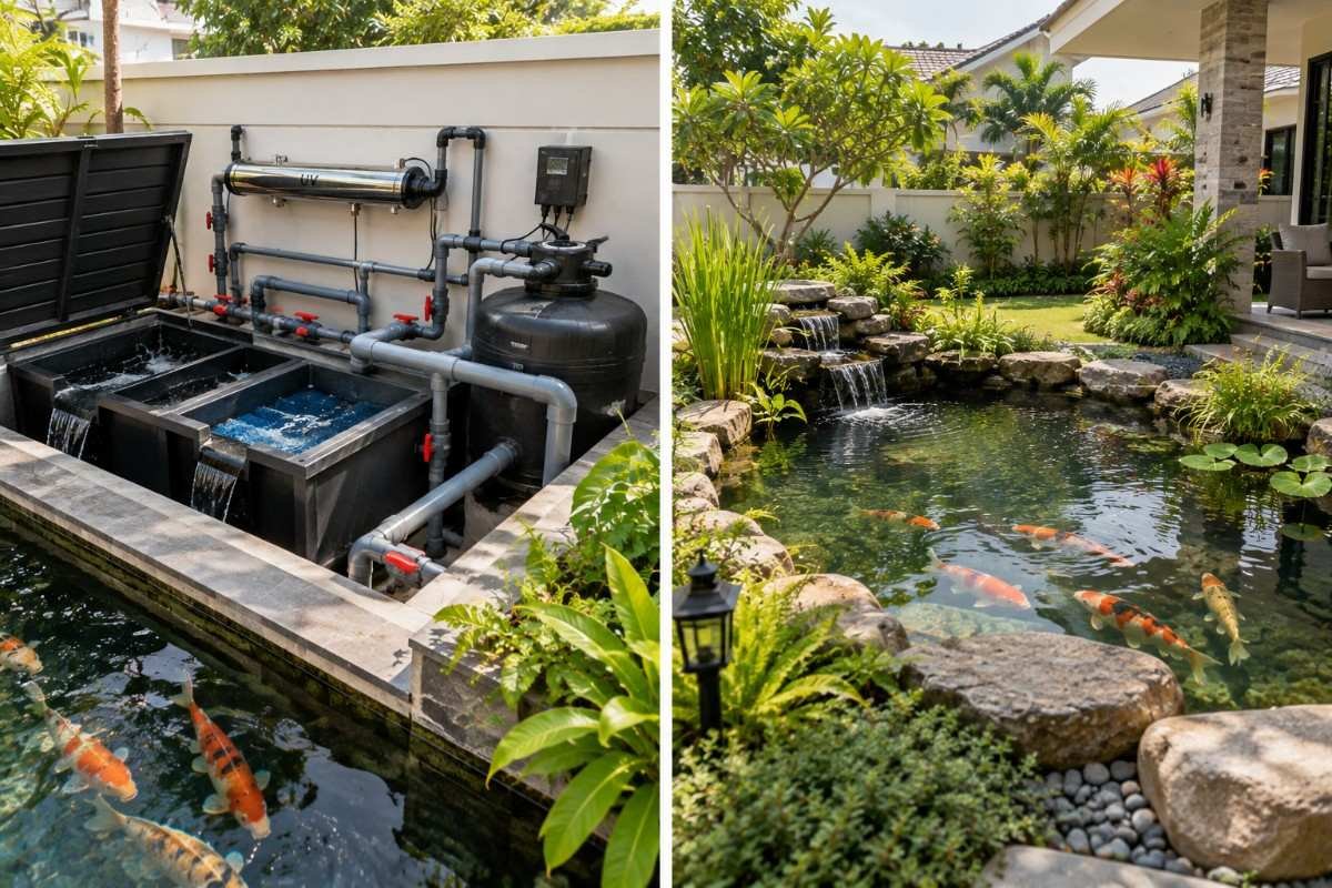 Completed residential koi pond with stone edging and a planted margin