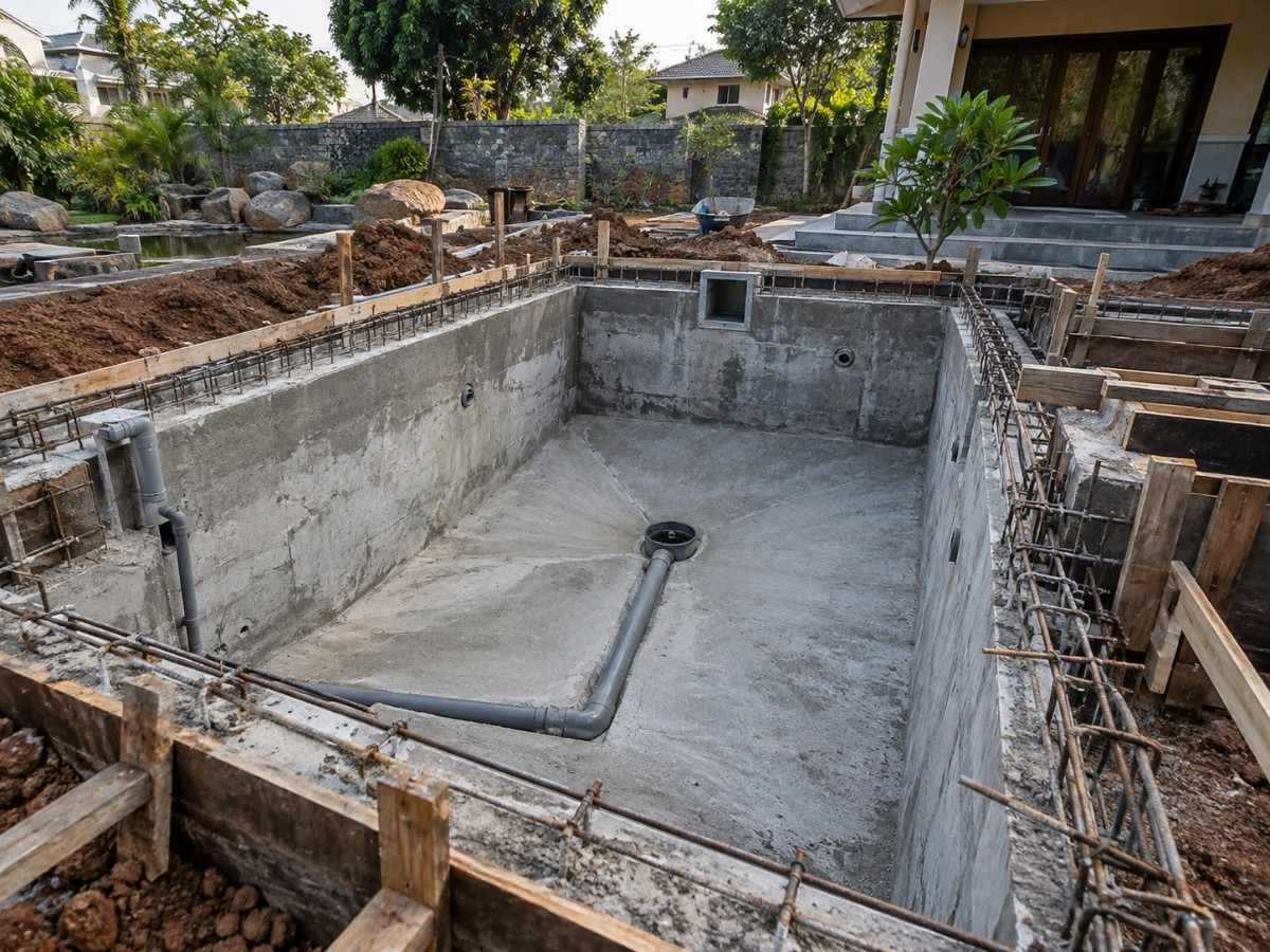 Reinforced concrete pond shell under construction with bottom drain pipework in place