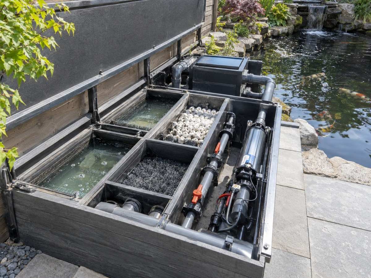 Gravity-fed koi pond filtration flow, from bottom drain through settlement, mechanical and biological stages to UV and return