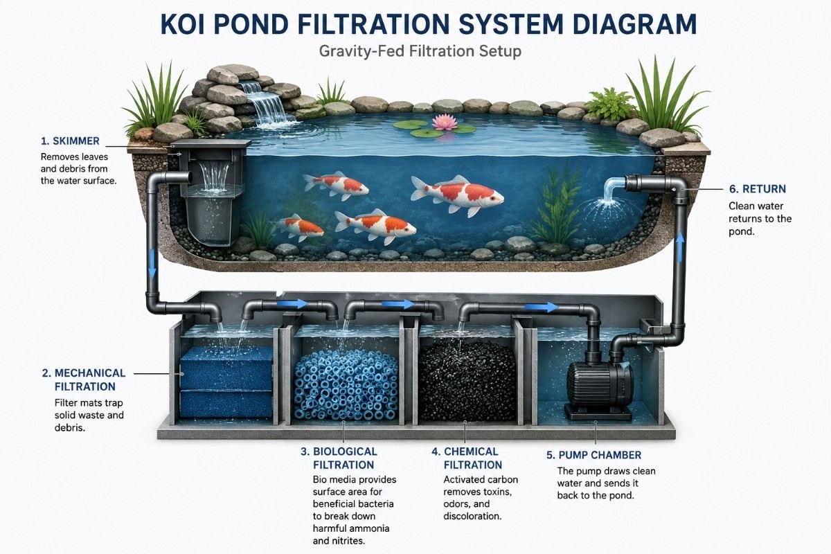 Gravity-fed koi pond filtration flow, from bottom drain through settlement, mechanical and biological stages to UV and return