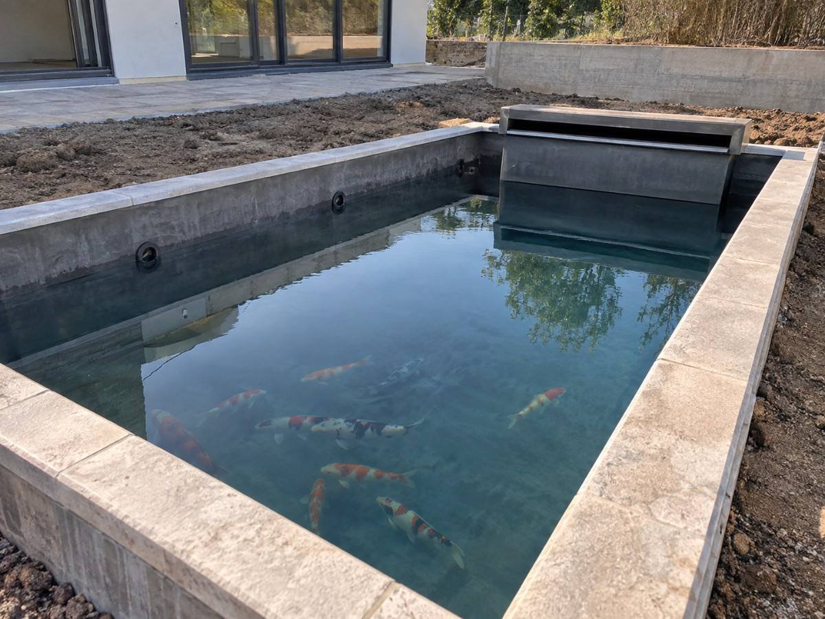 Newly built koi pond at first fill, before landscaping and stocking