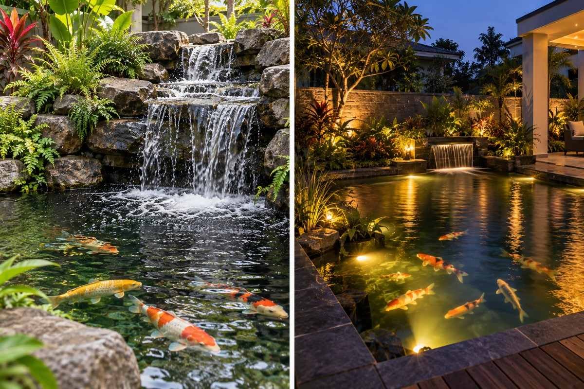 Koi pond lit in the evening, with underwater and margin lighting