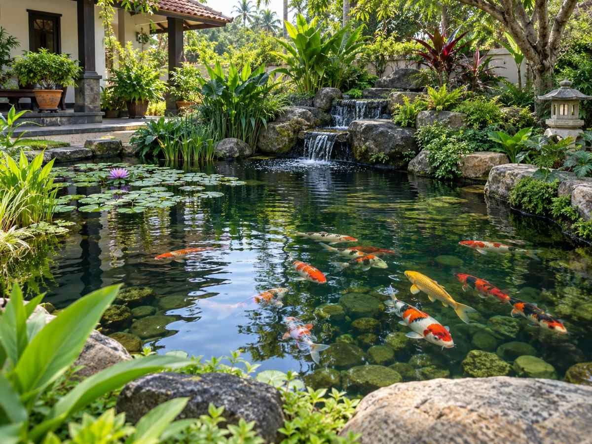 Well maintained koi pond with clear water and healthy koi