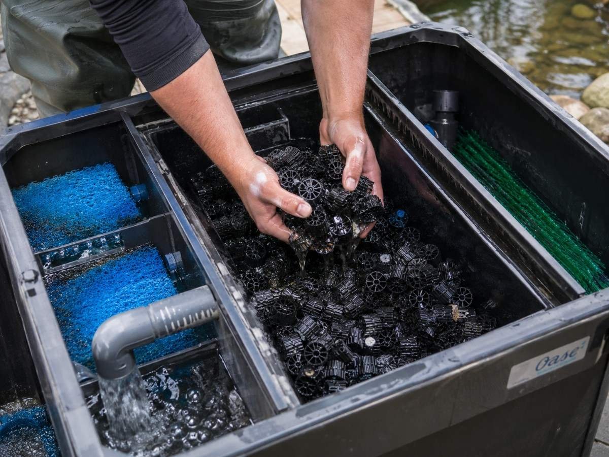 Filter media being cleaned during scheduled koi pond maintenance
