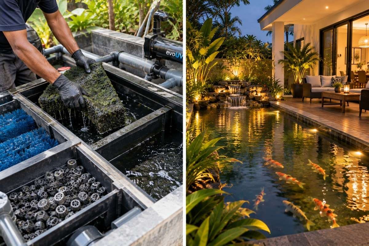 Completed koi pond in a Chennai home with seating alongside the water