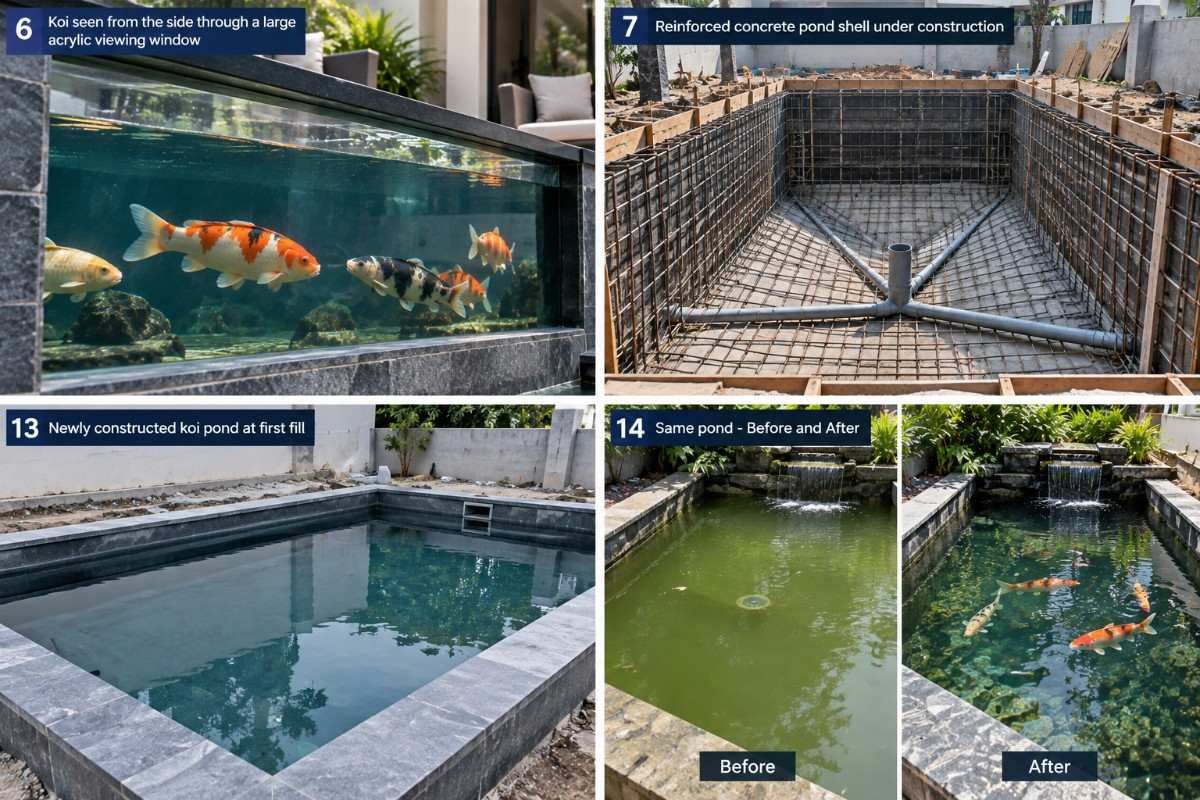 Before and after of a refurbished koi pond, green water cleared after filtration upgrade