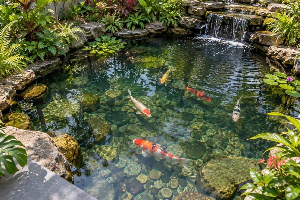 Lightly stocked koi pond with clear water and open swimming space