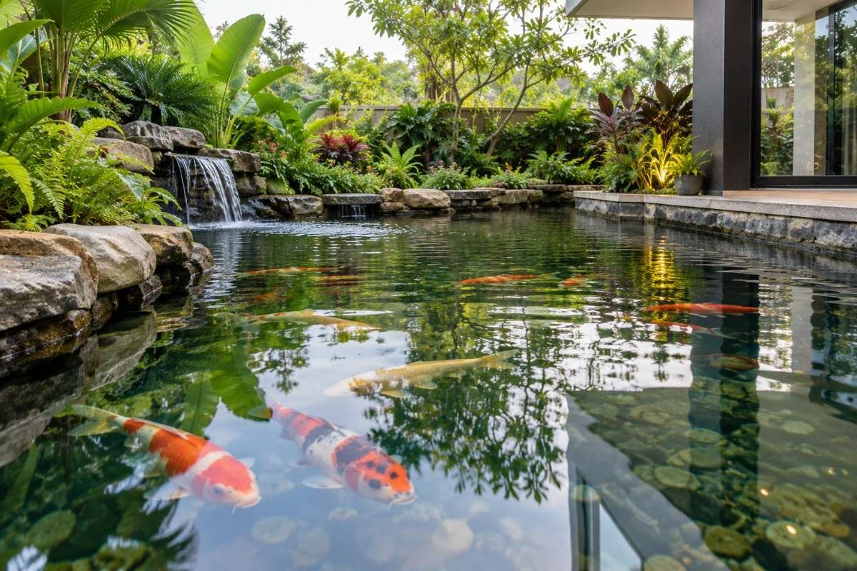 Outdoor koi pond with stone coping, viewed across the water surface