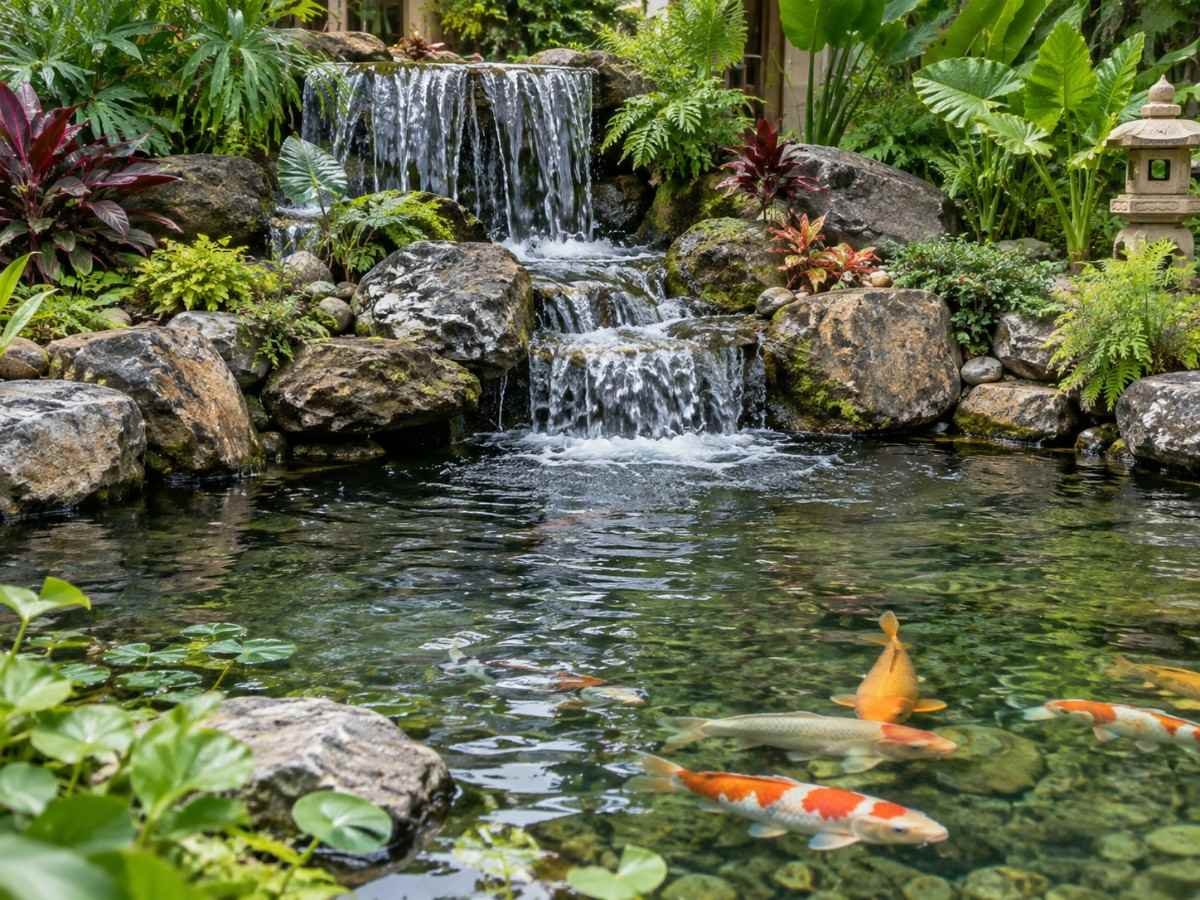 Waterfall cascade feeding a koi pond, aerating the water as it returns