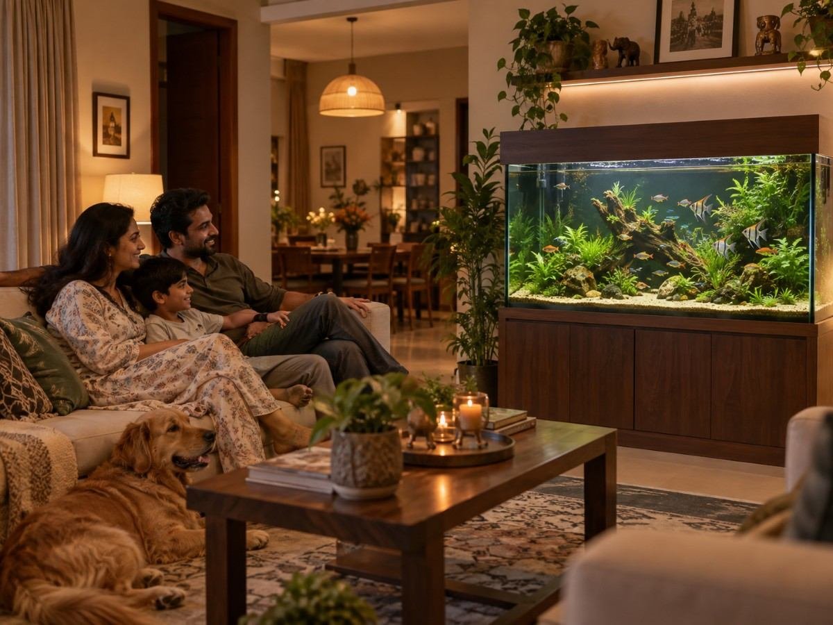 Completed custom aquarium installation in a Chennai home, planted and stocked