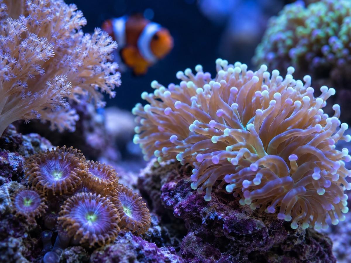 Close view of a marine reef aquarium with corals under high output lighting