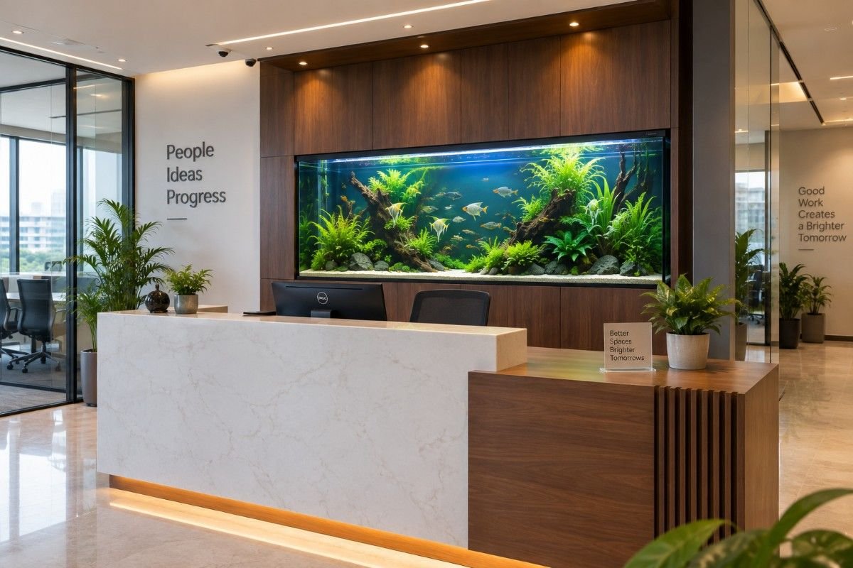 Custom office aquarium set behind a reception desk in a Chennai workplace