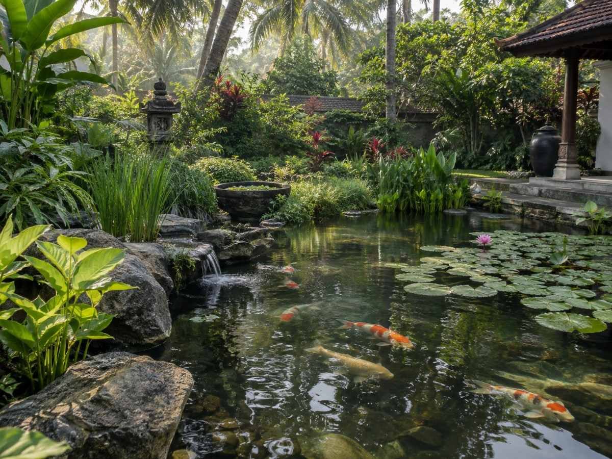 Outdoor koi pond set into a landscaped garden with marginal planting