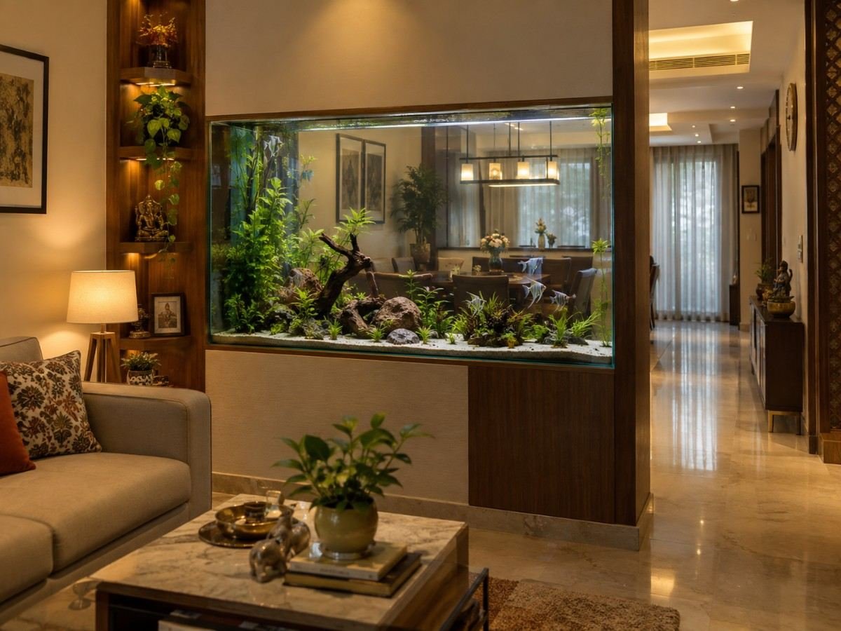 See-through aquarium built into the partition between a hall and dining area
