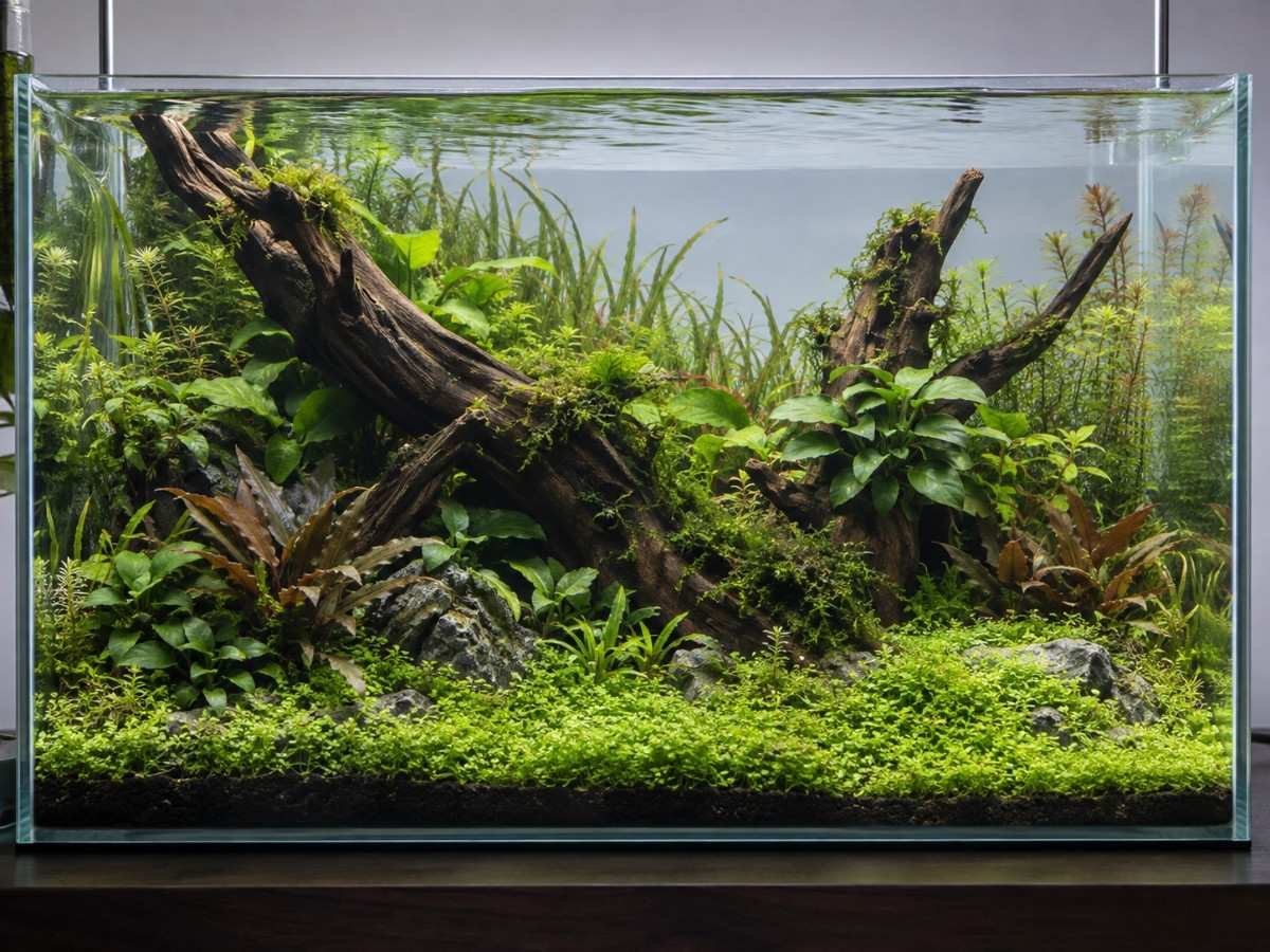 Planted freshwater aquascape with driftwood hardscape and dense foreground planting