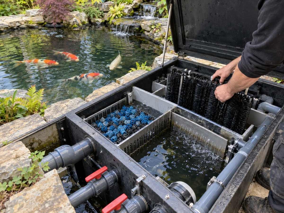 Pond filter chamber serviced with the pond full and fish left in place