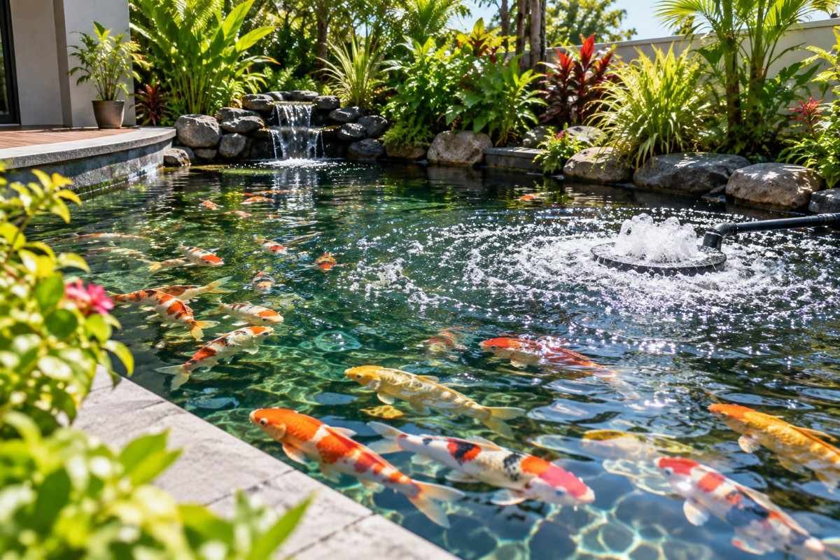 Aeration running on a koi pond during the hot season