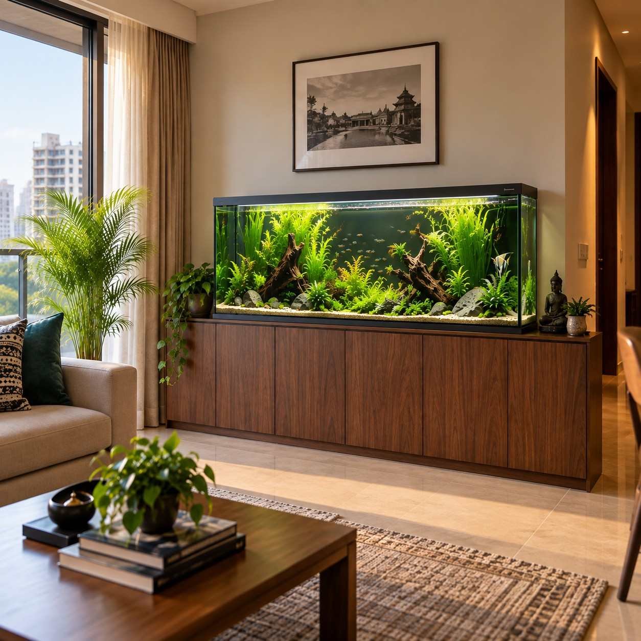 Tall custom aquarium in a villa foyer, visible from both the ground floor and the landing