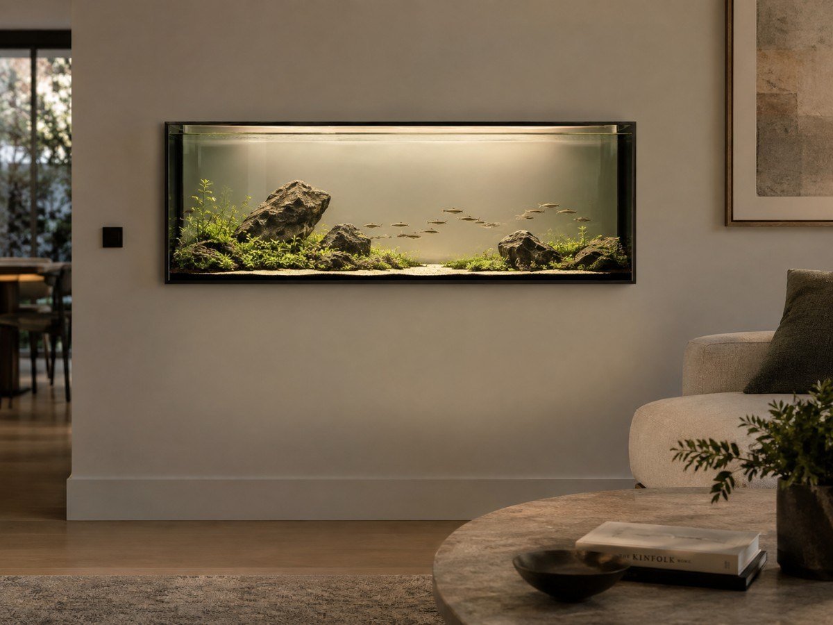 Slim wall mounted aquarium fitted flush against a wall like a framed panel