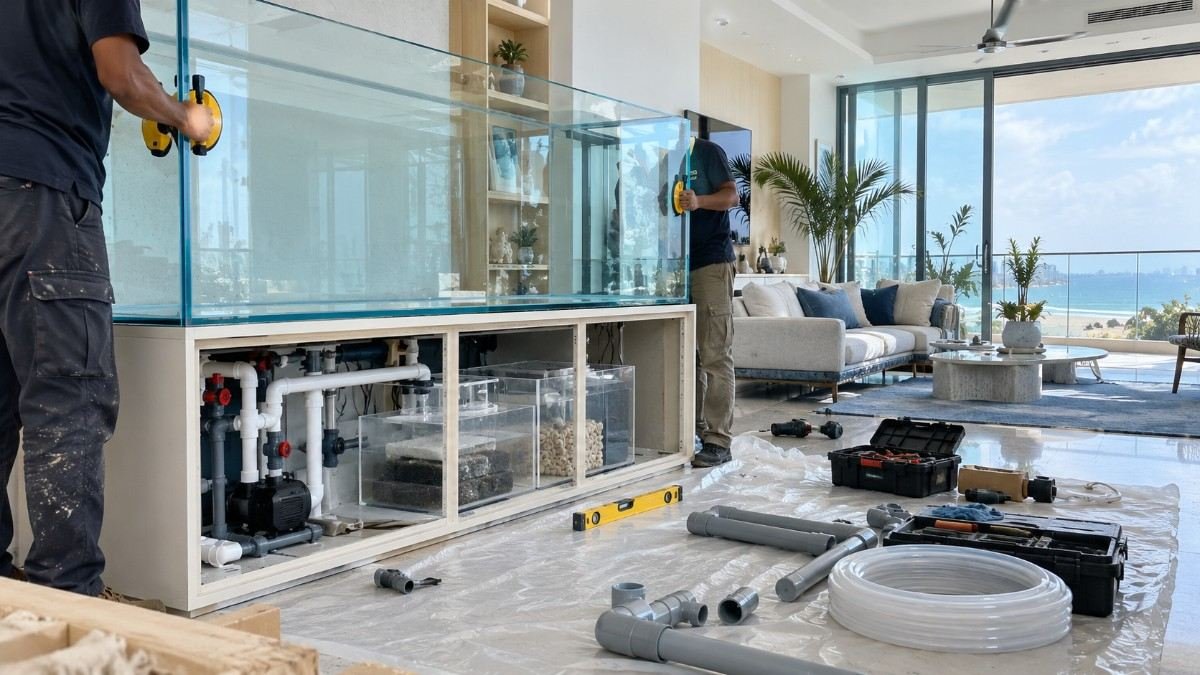 Technicians positioning and plumbing a custom aquarium on site