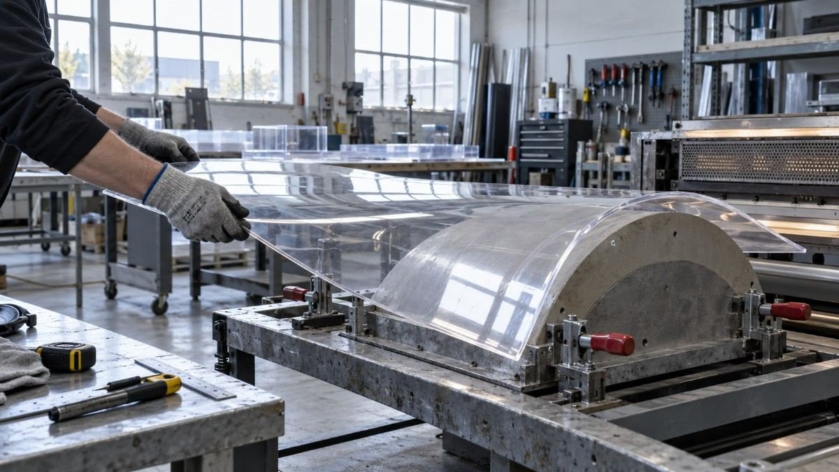 Acrylic panel being heat formed in an aquarium workshop