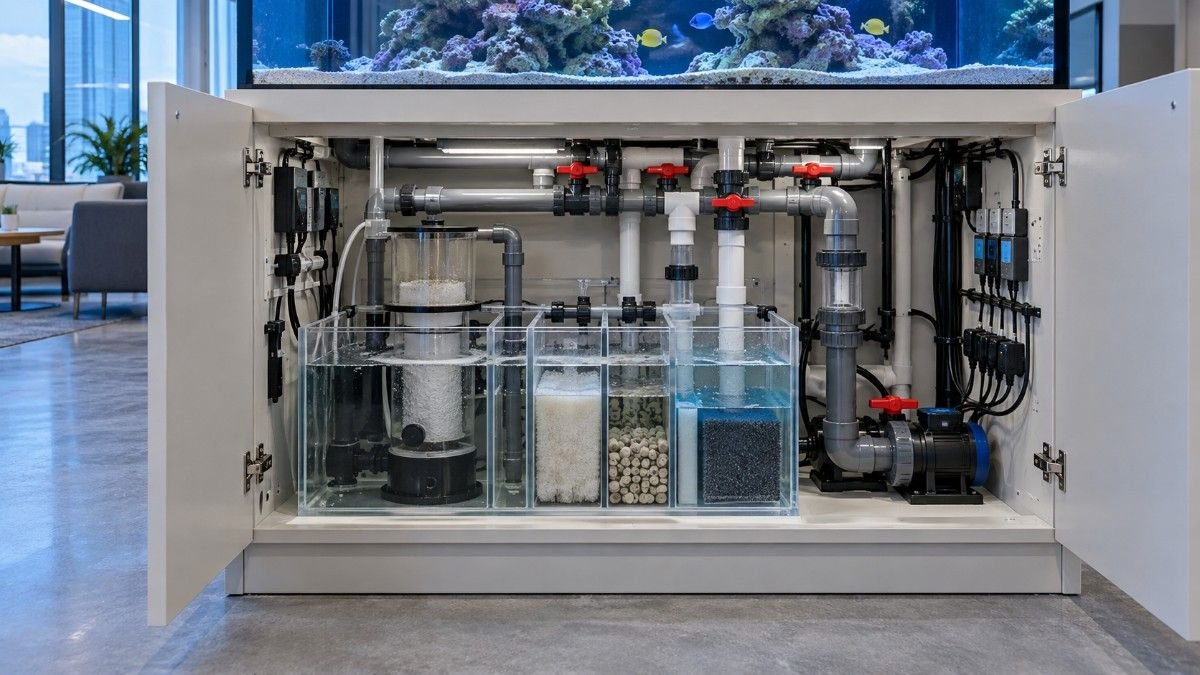 Aquarium sump and filtration plumbing beneath a custom tank