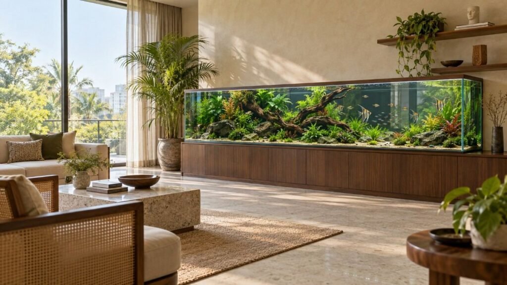 Large custom aquarium in a contemporary Chennai living room
